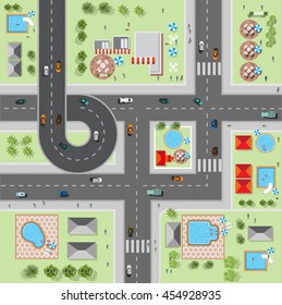 Top view of the city of streets, roads, houses, vector