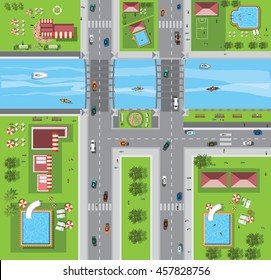 Top View Of The City Of Streets, Roads, Houses, Vector