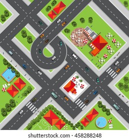 Top view of the city of streets, roads, houses, treetop, vector