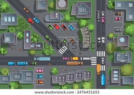 Top view of city streets, roads, roofs, cars, parkings, lawns, trees. Vector illustration. View from above.