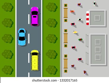 Top view of the city. Town with cars, houses and pedestrians. Background town, street, roof and buildings, landscape from above