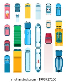 Top view city transport. Delivery truck, bus, truck, taxi, police car, ambulance. Flat urban transport, public vehicles icon vector set. Different vehicles for transportation isolated