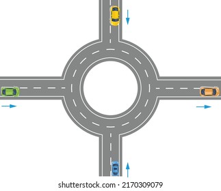 Top view of the city. Urban crossroad with cars and houses, pedestrians. Background city map pattern streets, intersection, roof and buildings. Aerial landscape of cityscape from above