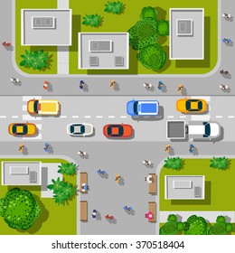 Top view of the city. Urban crossroads with cars and houses, pedestrians. Background town map pattern streets, intersections, roofs, and buildings. Cityscape aerial landscape from  above 