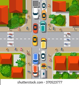 Top view of the city. Urban crossroads with cars and houses, pedestrians. Background town map pattern  streets, intersection, roof and buildings. Cityscape aerial landscape from  above 