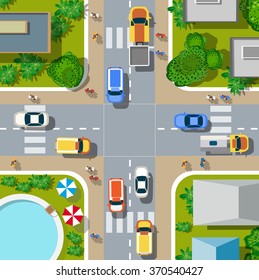 Top view of the city. Urban crossroads with cars and houses, pedestrians. Background town map pattern   streets, intersection, roof and buildings. Cityscape aerial landscape from  above 