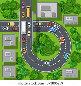 Top view of the city. Urban crossroads with cars and houses, pedestrians. Background town map pattern   streets, intersection, roof and buildings. Cityscape aerial landscape from  above