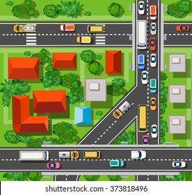 Top view of the city. Urban crossroads with cars and houses, pedestrians. Background town map pattern   streets, intersection, roof and buildings. Cityscape aerial landscape from  above