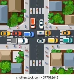 Top view of the city. Urban crossroads with cars and houses, pedestrians. Background town map pattern   streets, intersection, roof and buildings. Cityscape aerial landscape from  above