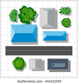 Top view of the city. Urban  street with houses and trees