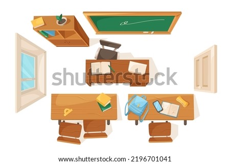 Top view of classroom interior elements vector illustrations set. Cartoon drawings of wooden tables or desks with books and chairs, blackboard for study room in school. Furniture, school concept