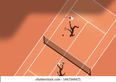 Top view of clay court tennis match. Vector illustration.