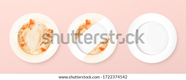 Top view of clean and dirty 3d\
illustration dishes, before and after of applying dish\
soap
