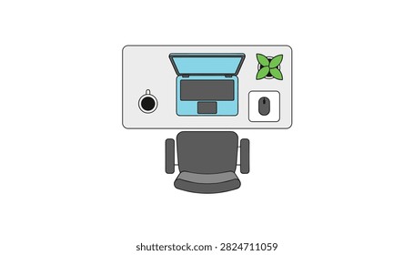 Top view of a clean modern desk workspace featuring a laptop computer, coffee mug, computer mouse, and a small indoor green plant.