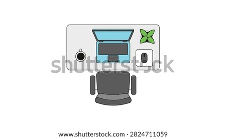 Top view of a clean modern desk workspace featuring a laptop computer, coffee mug, computer mouse, and a small indoor green plant.