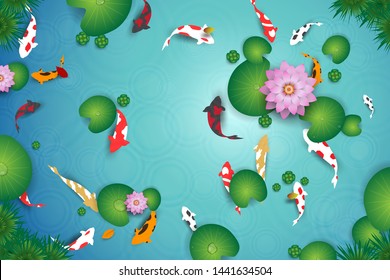 Top View Of Clean Water Lake With Koi Fishes. Vector Design Of Pond With Crap Fishes, Lotus, Leaves And Plant. 