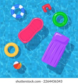 Top view of clear blue water in swimming pool with floating inflatable colorful rings and mattresses, flat vector illustration. Summer vacation backdrop.