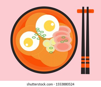 Top view and close up: Ramen noodle soup (Japanese Food) with chopsticks for your design.