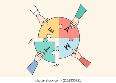 Top view closeup of businesspeople take part of jigsaw puzzle show team unity and motivation for success. Diverse employees participate in teambuilding. Teamwork concept. Vector illustration. 