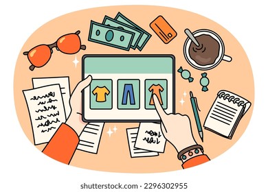 Top view closeup of person sit at table shopping online on tablet gadget. Woman buy clothing on internet on modern pad device. Web order, fashion and consumerism. Vector illustration.