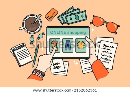 Top view closeup of person sit at table shopping online on tablet gadget. Woman buy clothing on internet on modern pad device. Web order, fashion and consumerism. Vector illustration. 