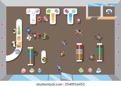 Top view of a clothing store, counters, hangers, tables, fitting rooms, sellers, buyers. View from above.