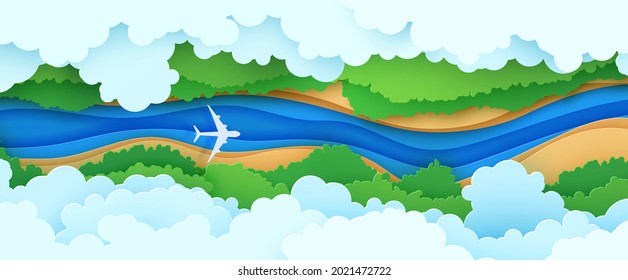 Top View Cloudy Landscape In Paper Cut Style. Aerial View 3d Background With Airliner River Forest And Land. Vector Papercut Illustration Of Creative Concept Idea Environment Conservation And Nature