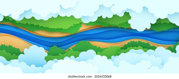 Top View Cloudy Landscape In Paper Cut Style. Aerial View 3d Background With River Forest Canopy And Land. Vector Papercut Illustration Of Creative Concept Idea Environment Conservation And Nature