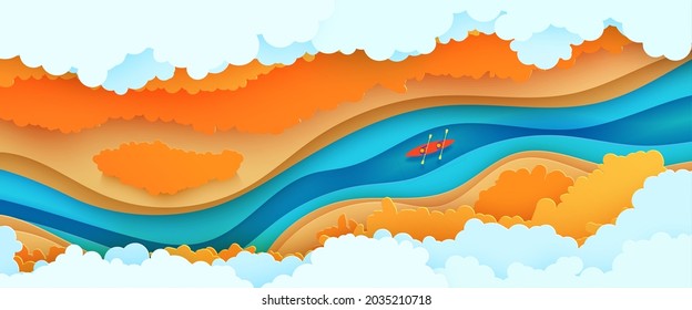 Top view cloudy landscape in paper cut style. Eco tourism 3d background with aerial view river autumn trees and kayak boat. Vector card illustration of extreme rafting sport papercut art