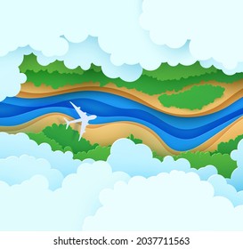 Top view cloudy landscape in paper cut style. Aerial view 3d background with airliner river forest and land. Vector papercut illustration of creative concept idea environment conservation and nature