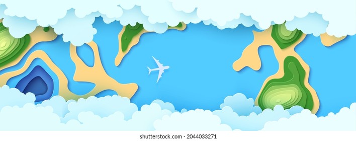 Top view cloudy landscape in paper cut style. Aerial view 3d background with airliner ocean forest and land. Vector papercut illustration of creative concept idea environment conservation and nature