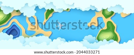 Top view cloudy landscape in paper cut style. Aerial view 3d background with airliner ocean forest and land. Vector papercut illustration of creative concept idea environment conservation and nature