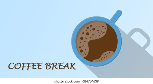 Top view of coffee in blue cup with coffee break text