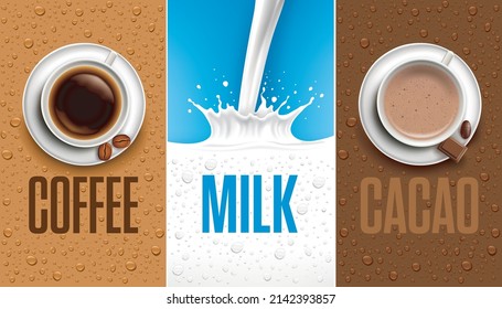 Ver café y taza de cacao, salpicar leche. Café y fondo de leche con muchas gotas frescas