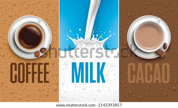 Top view coffee and cocoa cup, milk\
splash. Coffee and milk background with many fresh\
drops