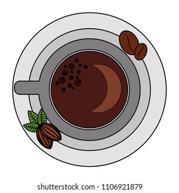 top view coffee cup and bean nuts cocoa on saucer