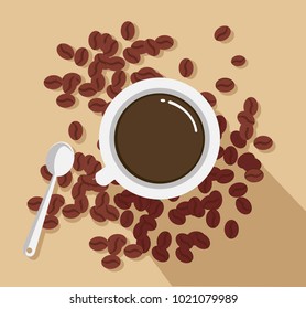 Top view of coffee cup and coffee beans on table , flat design style background
