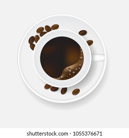 Top view coffee cup and beans on background. Vector Illustrator 