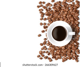top view of coffee cup and coffee beans on white background