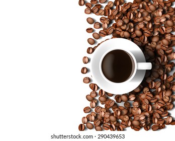 top view of coffee cup and coffee beans on white background