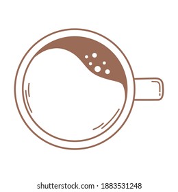 icono de bebida de taza de café de vista superior en ilustración de vector de línea marrón