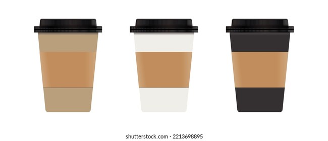 Top view of coffee cup. Espresso and latte or cappuccino in takeaway paper cups isolated vector professional different model coffe brand realistic package set