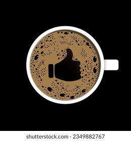 Top view of a coffee cup with foam in the creative  symbol shape of thumb up. Fresh espresso icon. Vector illustration isolated on black background