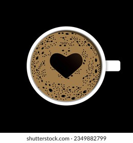 Top view of a coffee cup with foam in the creative  symbol shape of Heart. Fresh espresso icon. Vector illustration isolated on black background