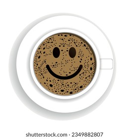 Top view of a coffee cup with foam in the creative  symbol shape of smiley. Fresh espresso icon. Vector illustration isolated on white background