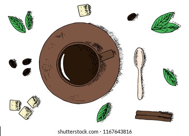 Top view. Coffee cup. Hand-drawn style. Vector cartoon sketches. Isolated objects on a white background. 