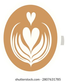 Top View Coffee Cup with Heart Latte Art, Cappuccino or Latte Froth Vector Illustration