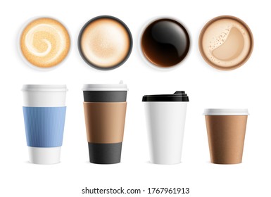 Top view coffee cup. Isolated hot breakfast beverages, latte espresso cappuccino. Realistic eco mug front view, milk foam drinks vector set