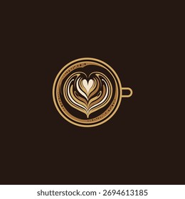 Vista superior de una taza de café con arte de café con leche en forma de corazón sobre un diseño de fondo marrón