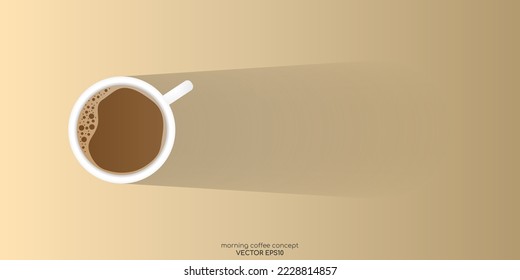 Top view coffee cup with long shadow space for text isolated on brown gold gradient background. Vector illustration in concept morning coffee.